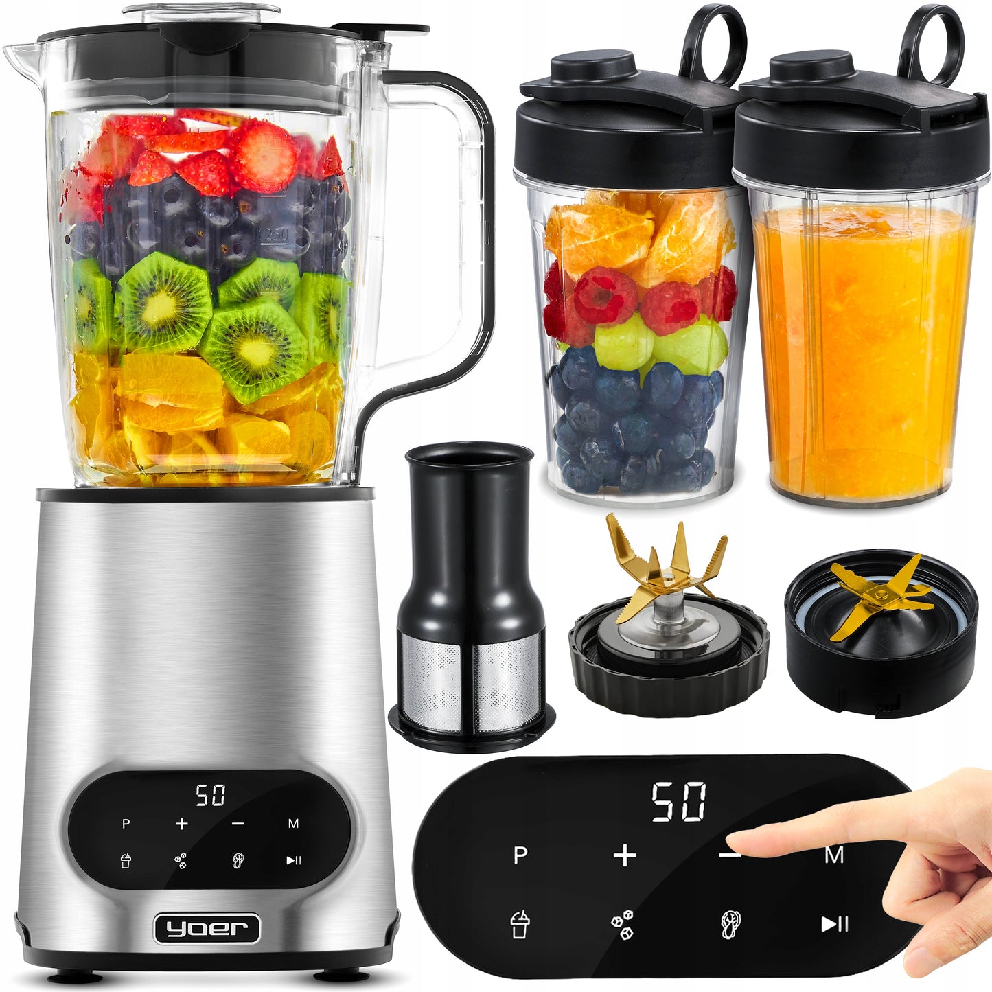 Blender kielichowy automatyczny Yoer 2,4L 2200W Tritan INOX +Sito +2 Bidony(Blender kielichowy automatyczny Yoer 2)