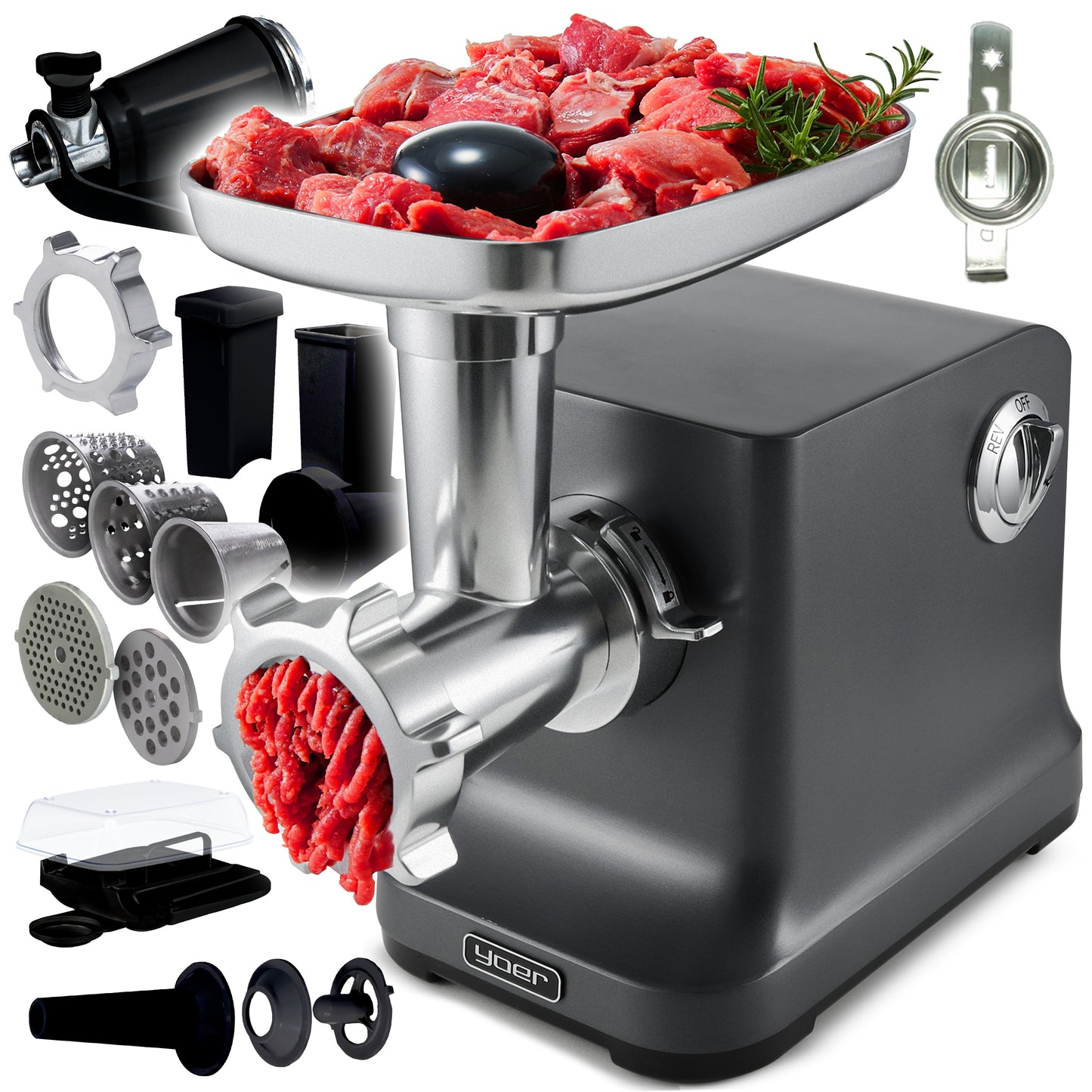 Maszynka do mięsa 6w1 Metalowa Yoer 2100W 3,5kg +Szatkownica +27 ELEMENTÓW(Maszynka do mięsa 6w1 Metalowa Yoer 2100W 3)
